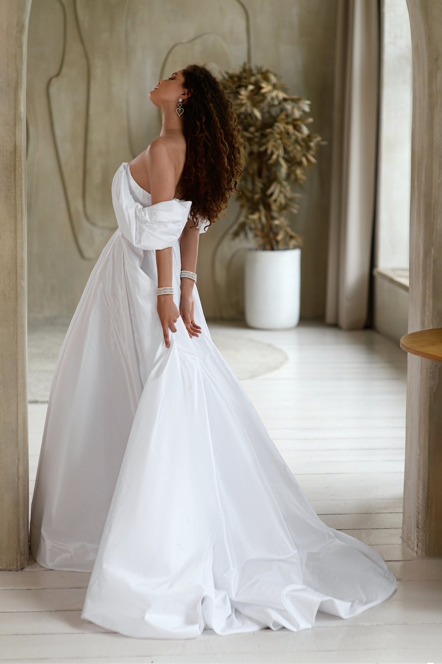 Classic Off the shoulder V-neckline Draped bodice Open straight back A-line Slirt skirt  Chapel train Wedding dress