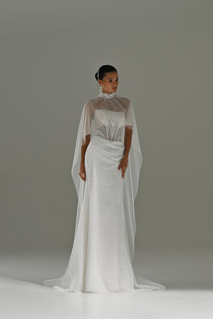 Lace sheath wedding dress with strapless corset bodice – full-length front view with sheer cape