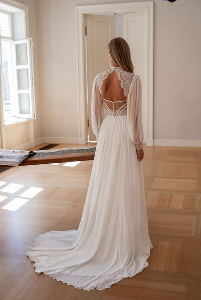 Boho wedding dress with puffy long sleeves and A-line lace