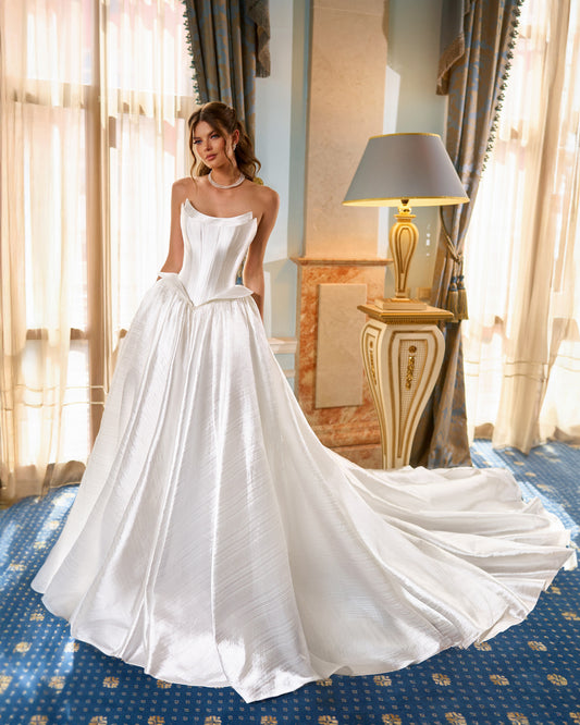 A-line Strapless Taffeta Corset Wedding Dress with Sculpted Skirt Chapel train