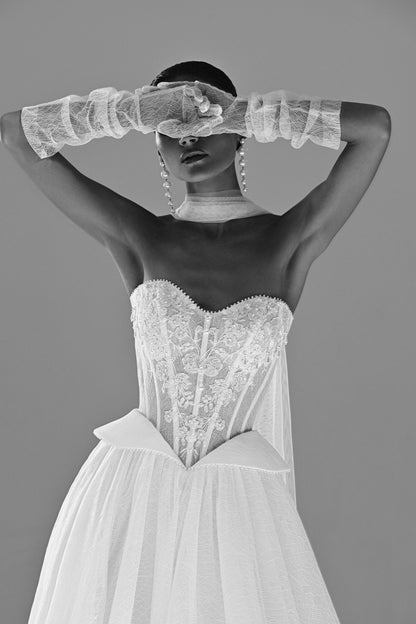 Strapless lace corset ball gown wedding dress – black and white close-up of the corset bodice