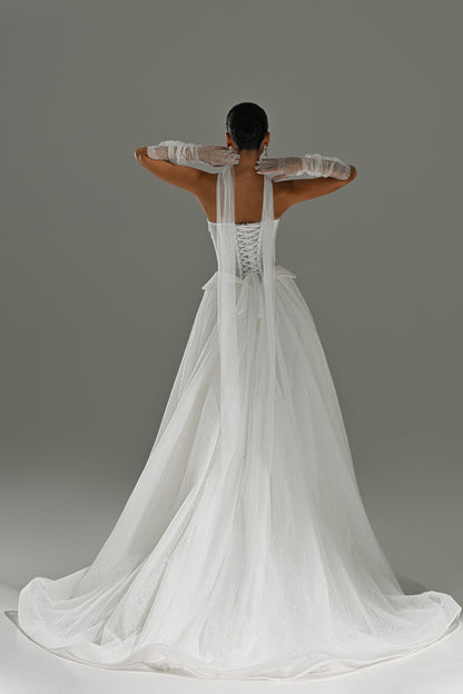 Strapless lace corset ball gown wedding dress with sheer scarf – back view with the sweeping train