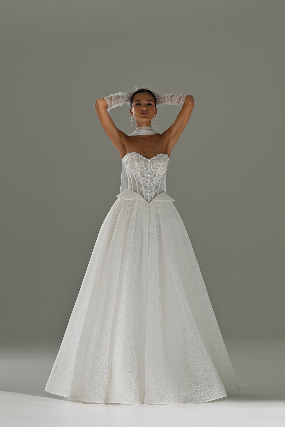Strapless lace corset ball gown wedding dress with shimmer skirt – full-length front view