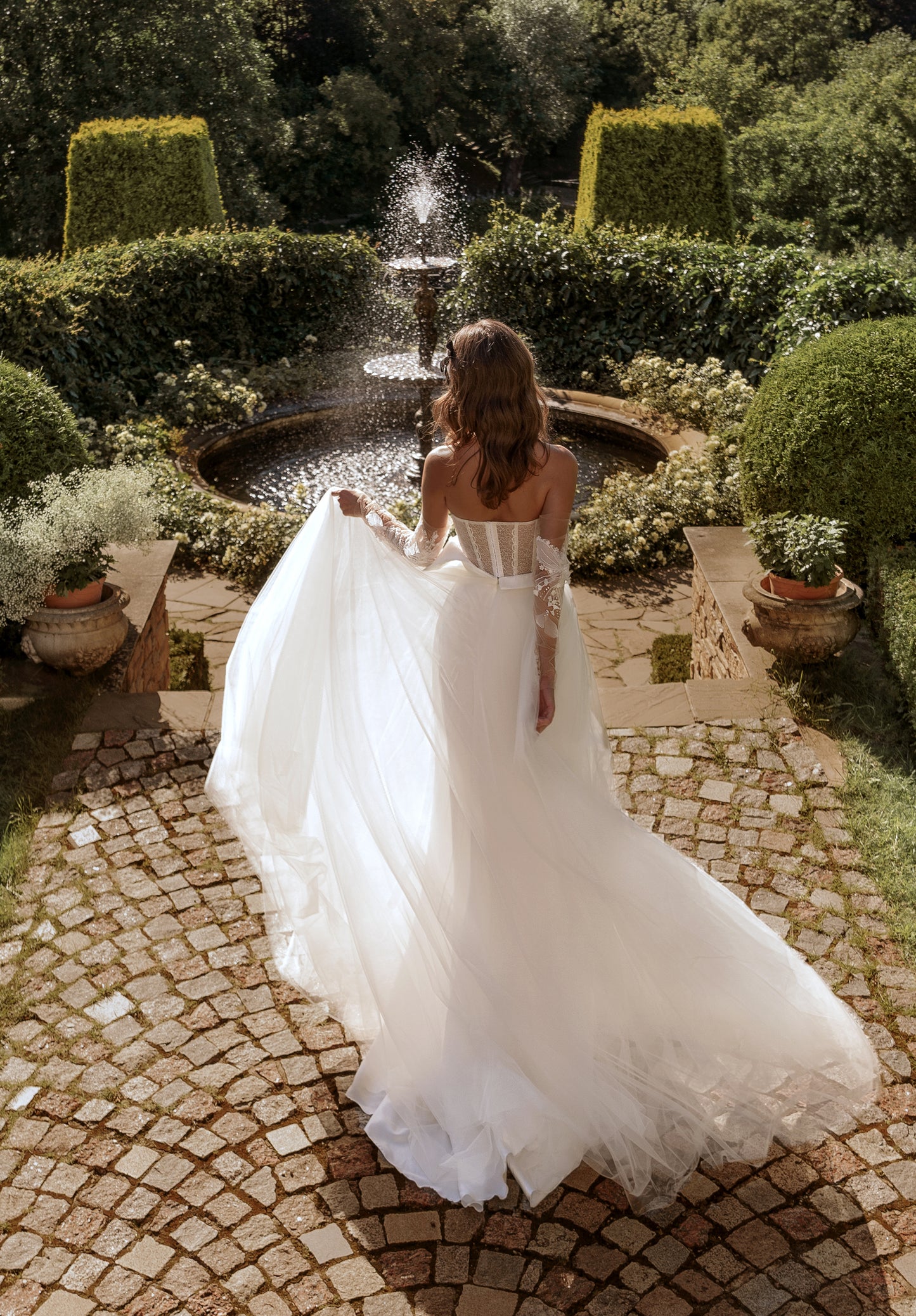 Romantic Removable long illusion sleeve V-neck Open Straight cut back Zip closure A-line Tulle Lace Wedding Dress