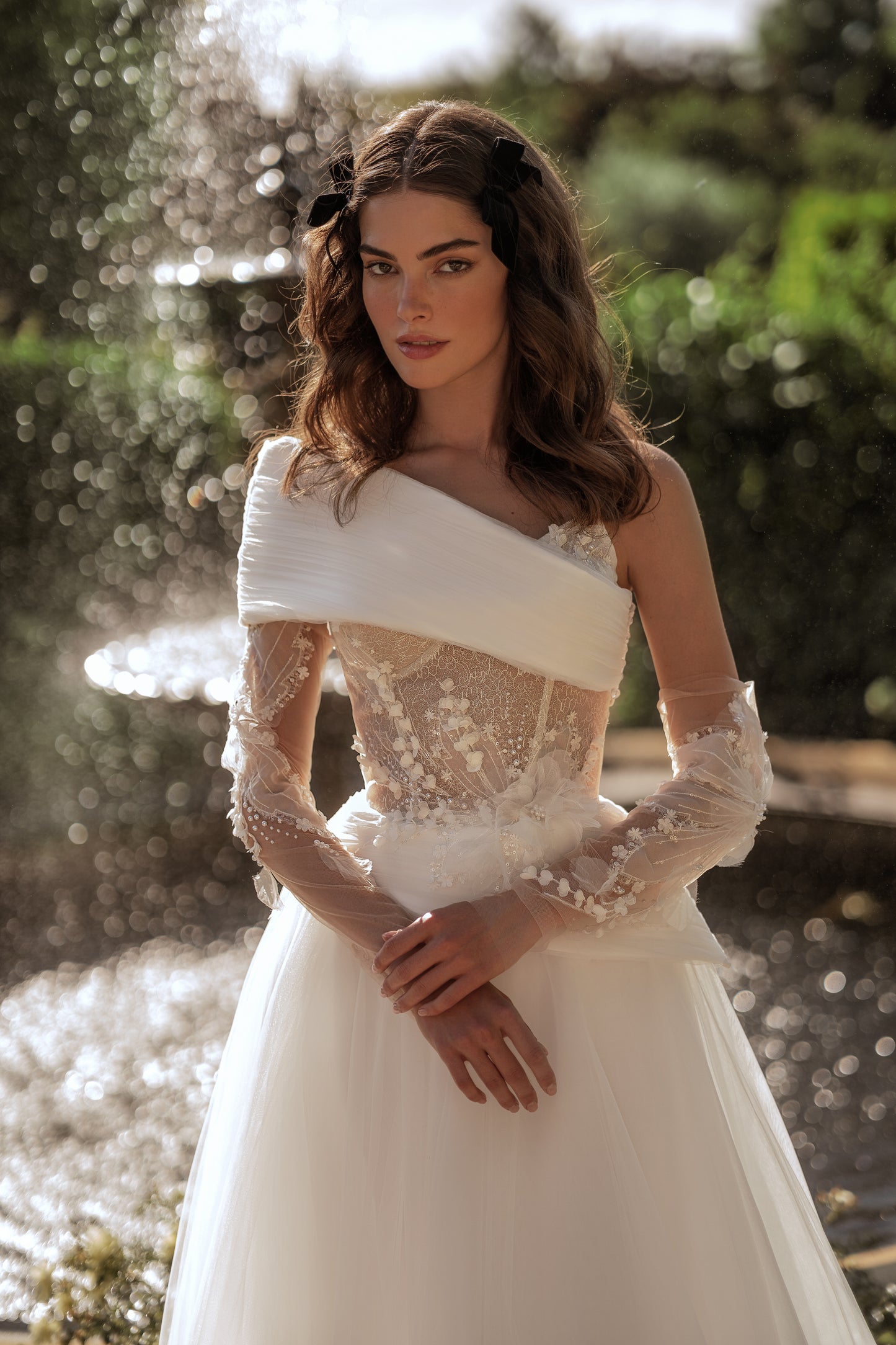 Romantic Removable long illusion sleeve V-neck Open Straight cut back Zip closure A-line Tulle Lace Wedding Dress