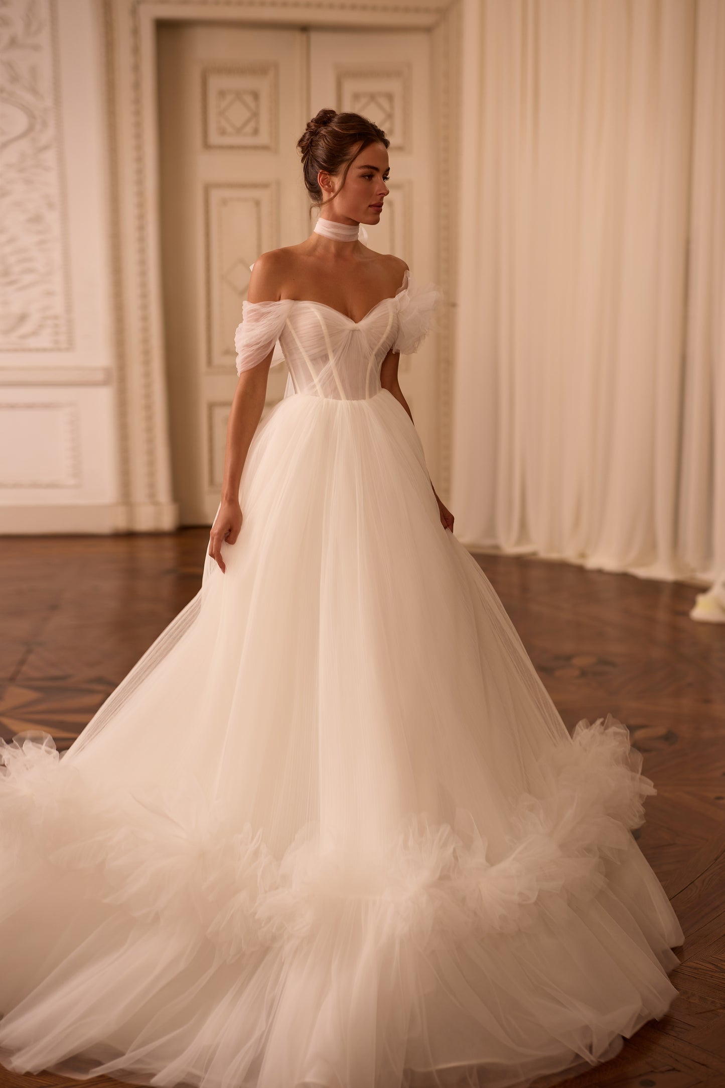 Romantic Off-the-Shoulder Tulle Gown with Pleats & Floral Detail