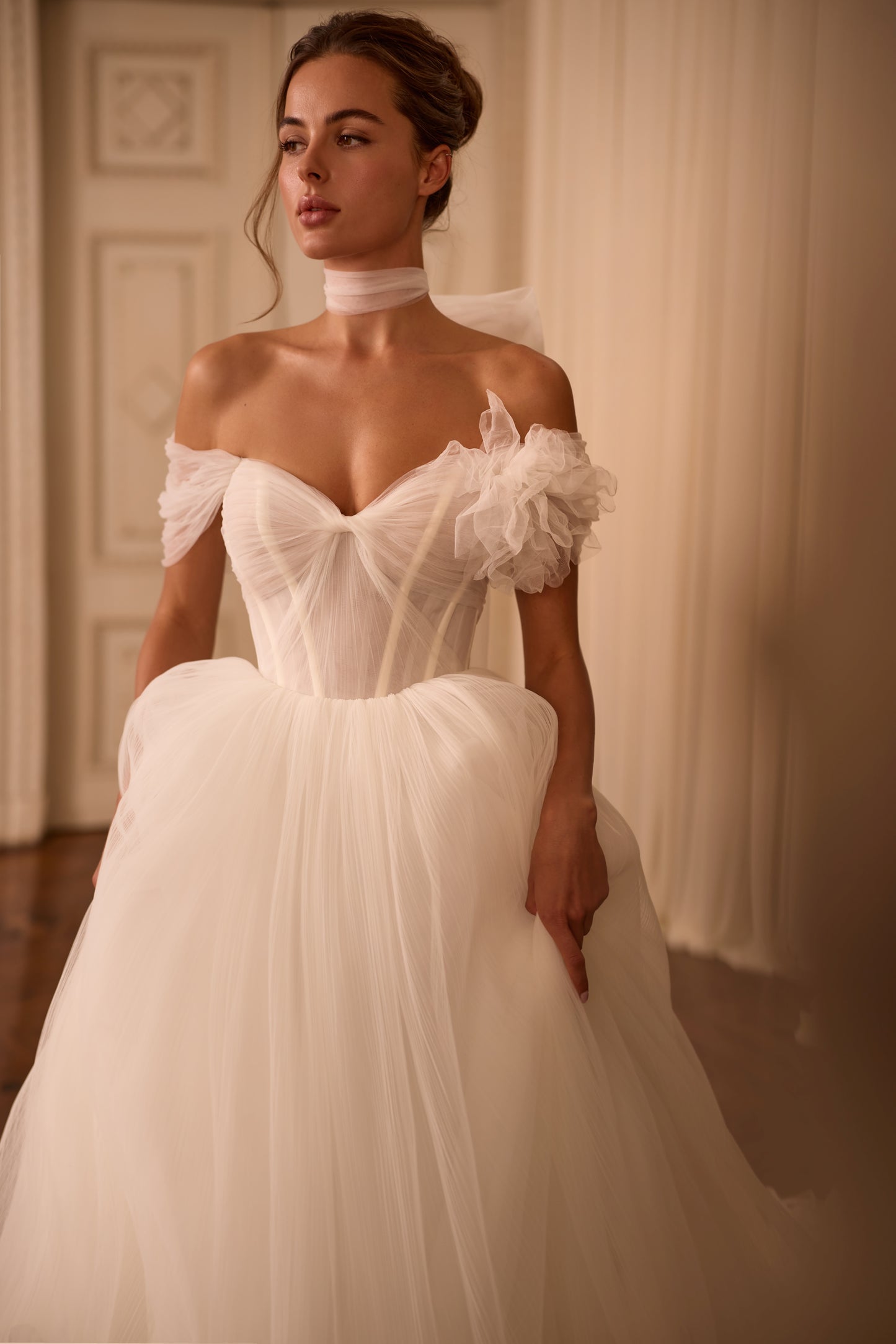 Romantic Off-the-Shoulder Tulle Gown with Pleats & Floral Detail
