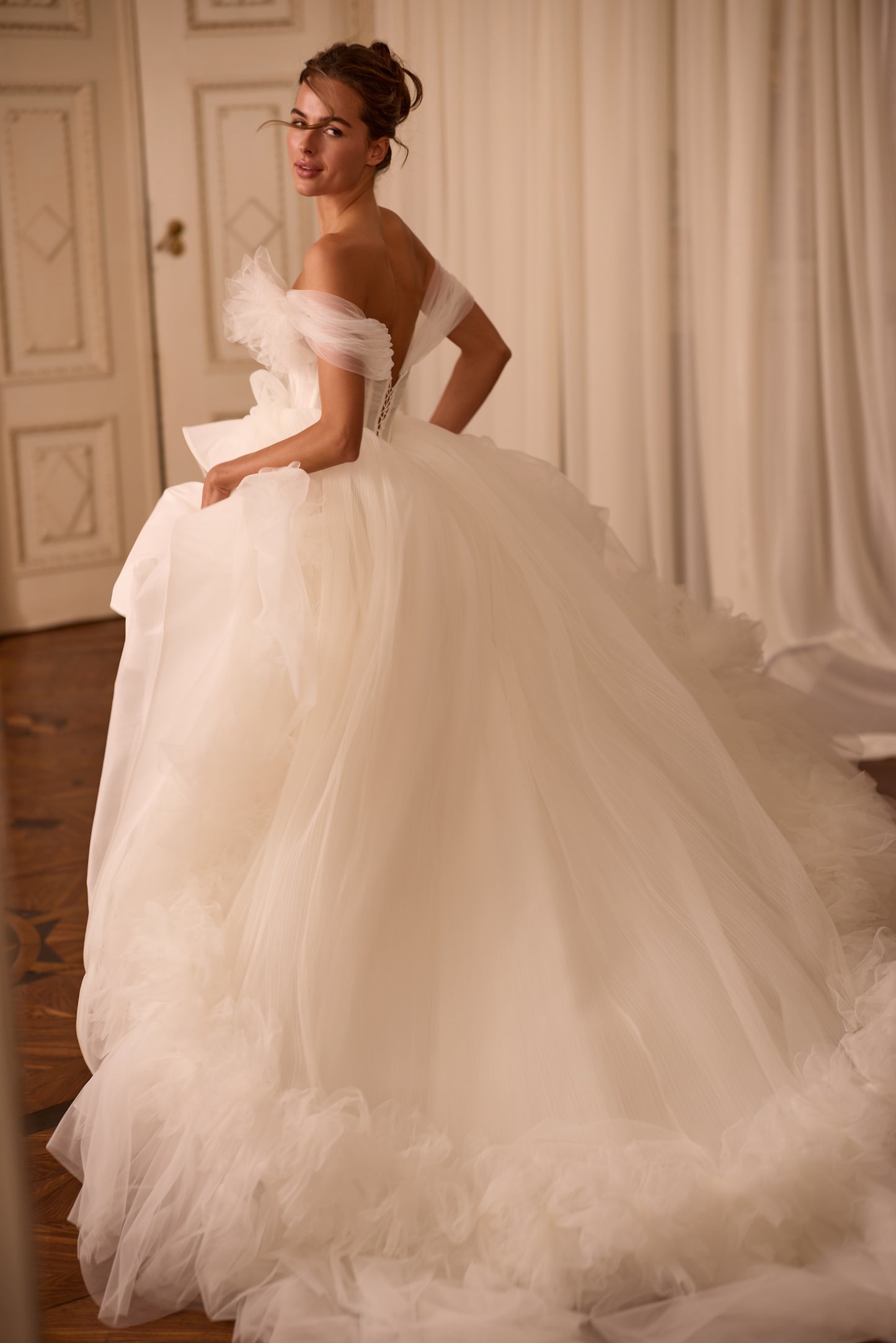 Romantic Off-the-Shoulder Tulle Gown with Pleats & Floral Detail