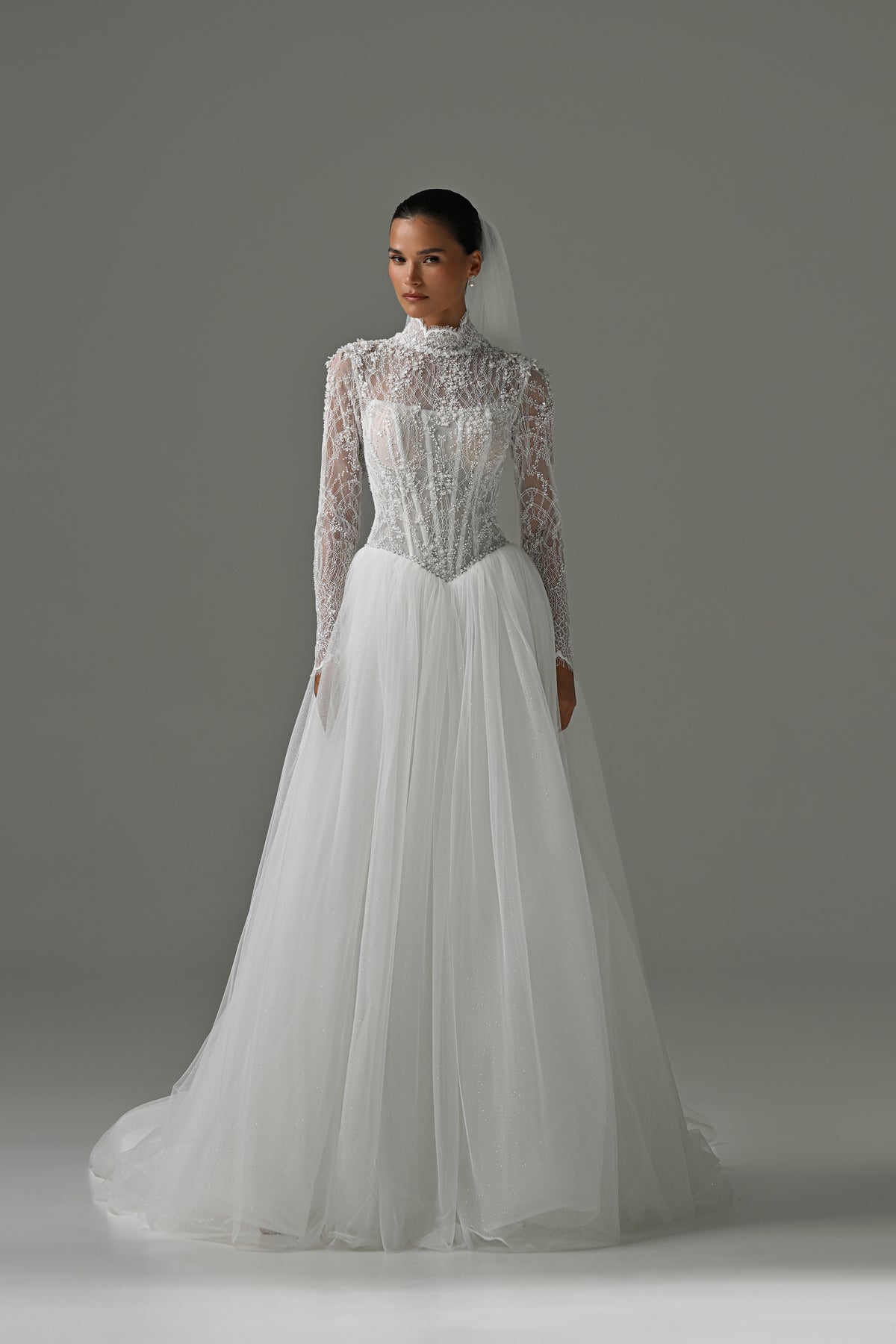 Lace high-neck wedding dress with long sleeves, corset bodice and tulle skirt – full-length front view