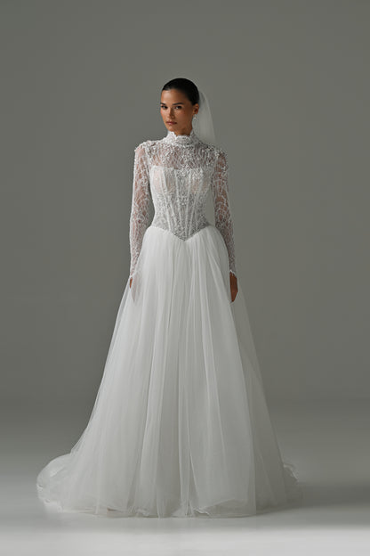 Lace high-neck wedding dress with long sleeves, corset bodice and tulle skirt – full-length front view
