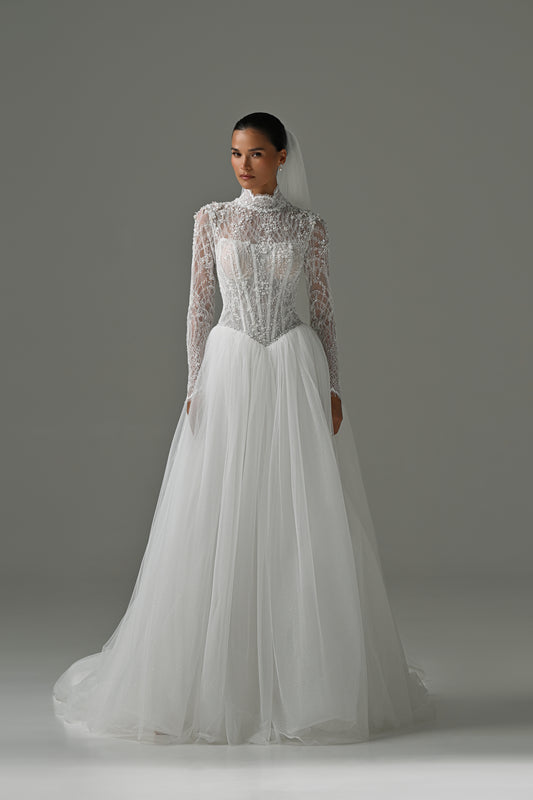 Lace high-neck wedding dress with long sleeves, corset bodice and tulle skirt – full-length front view