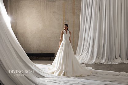 Minimalist halter neckline A-line wedding dress with chapel train