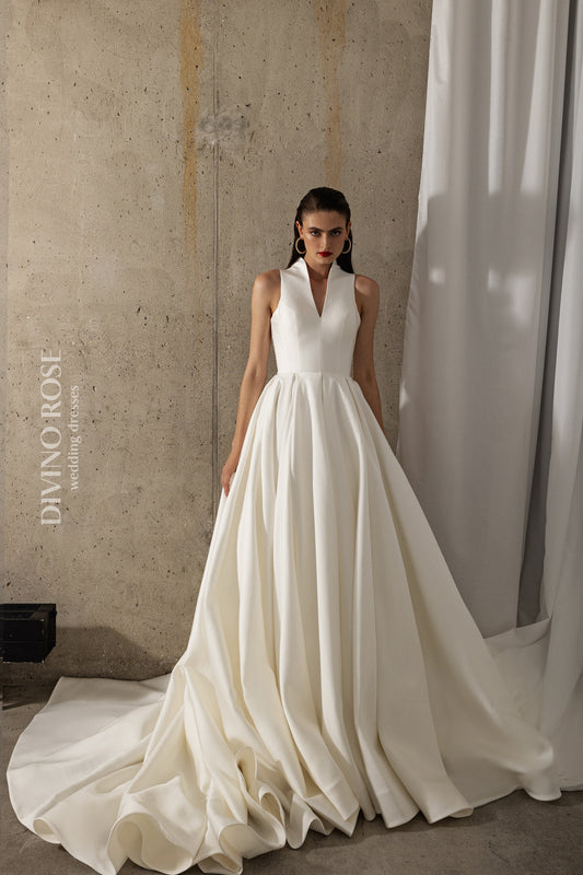 Minimalist Plain Sleeveless Halter neckline Open keyhole back Zip closure A-line Chapel train Mikado Wedding Dress