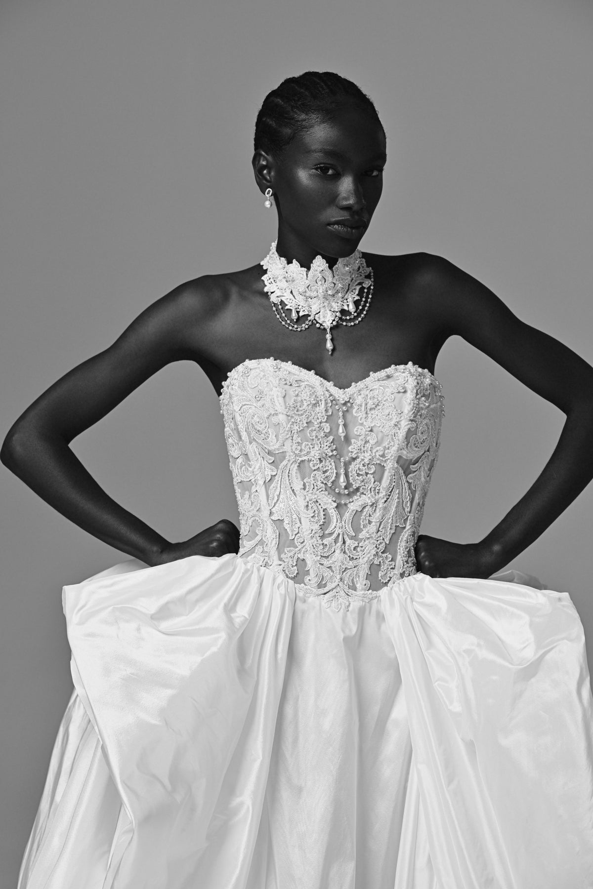 Strapless taffeta ball gown wedding dress – black and white front close-up of the lace corset bodice