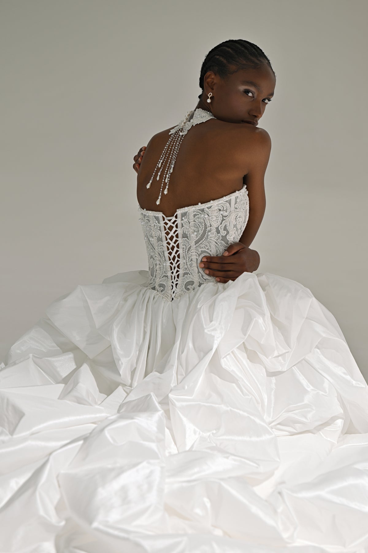 Taffeta ball gown wedding dress – close-up of the corset back and gathered taffeta skirt