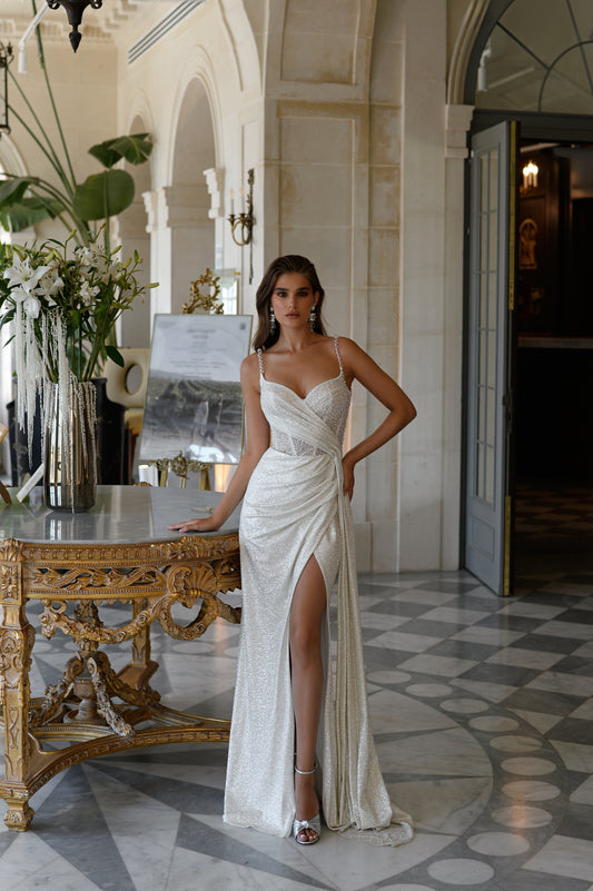 Sheath Fitted straight Column Sleeveless Beaded strap Sweetheart neckline Asymmetric draped sequined lace bodice Draped slit skirt Side train Glitter Wedding dress