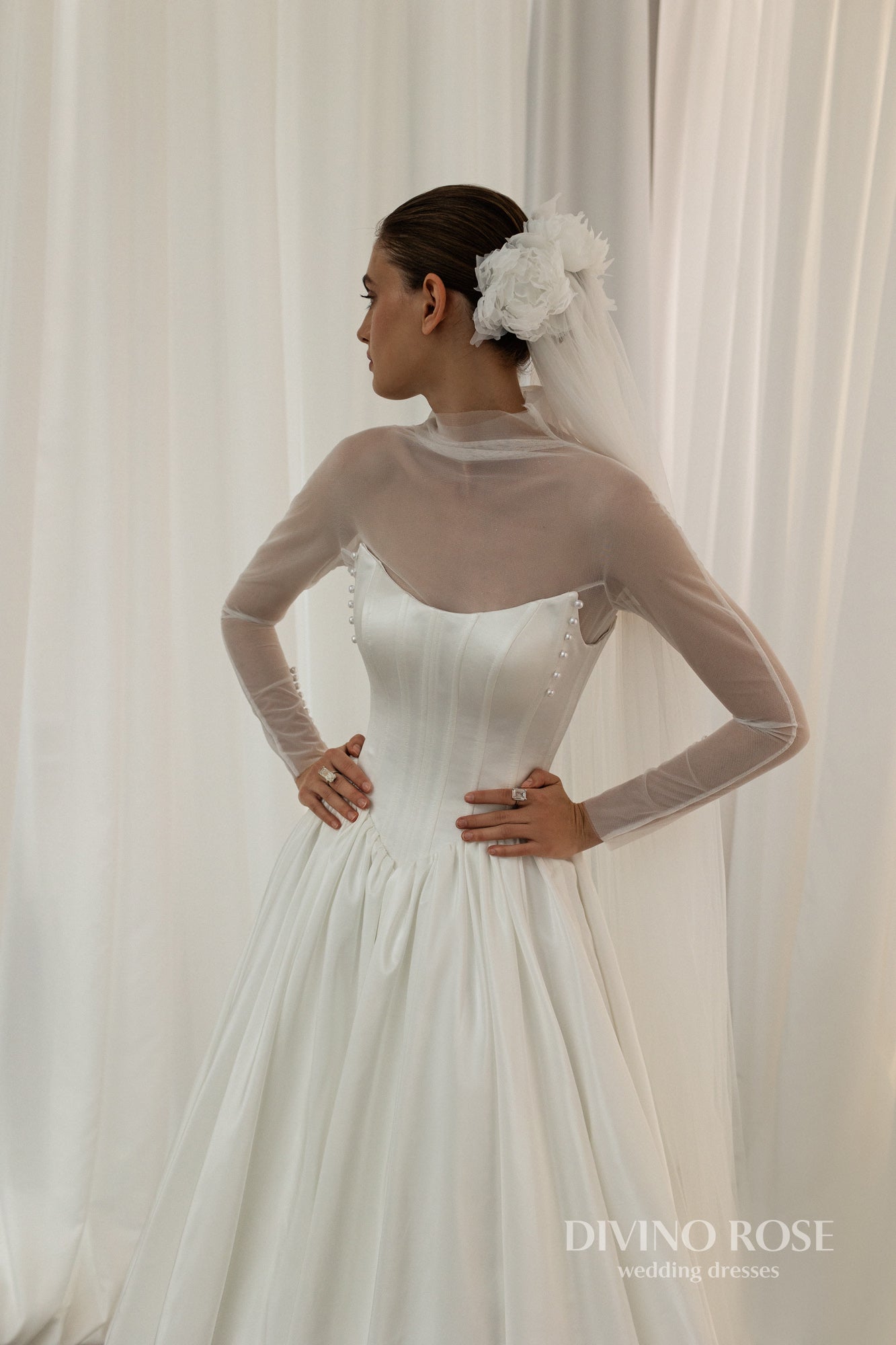 A-line Illusion long sleeve Mockneck Boat neckline Drop-down waist Lace-up corset Wedding dress