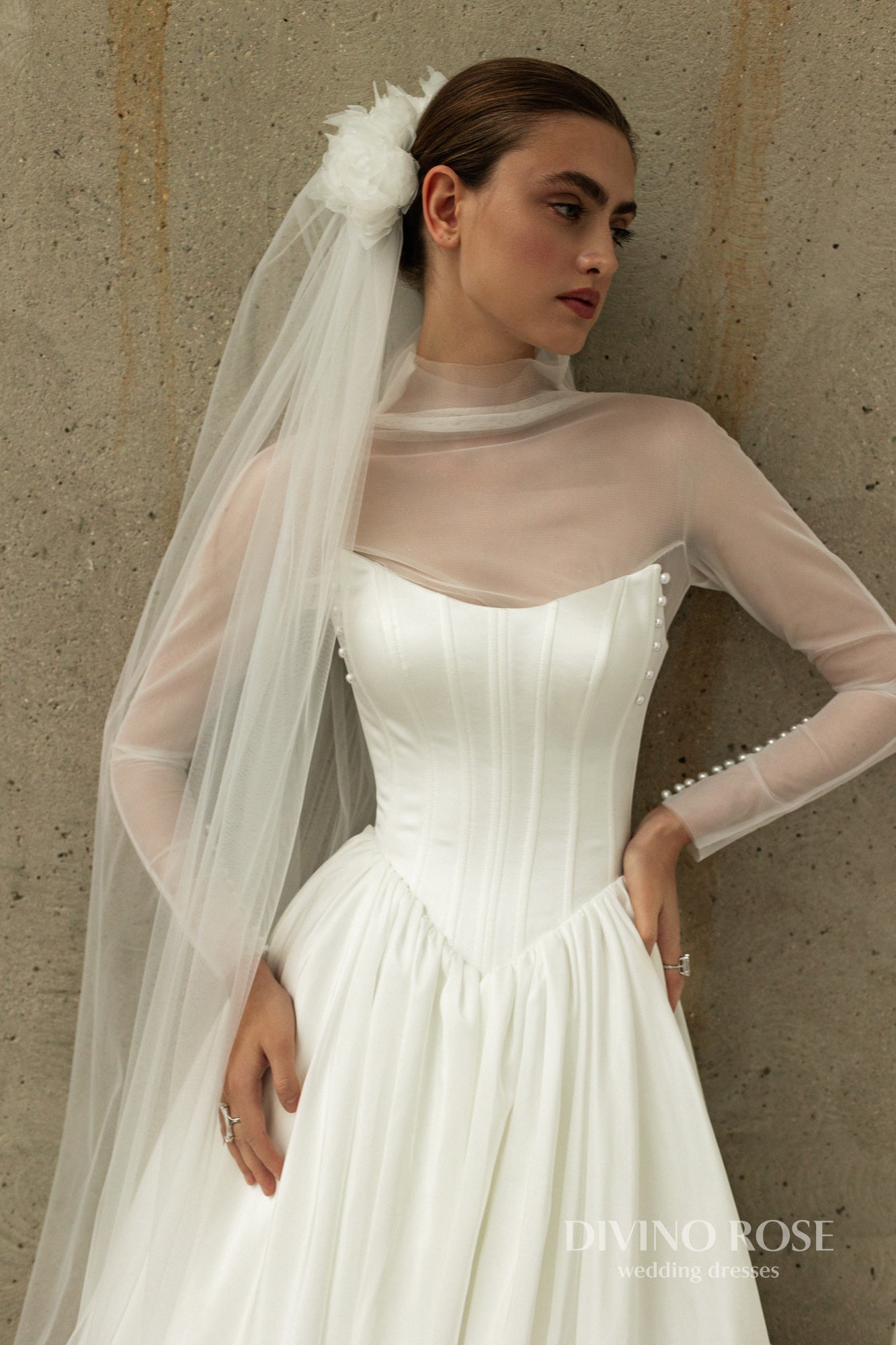 A-line Illusion long sleeve Mockneck Boat neckline Drop-down waist Lace-up corset Wedding dress