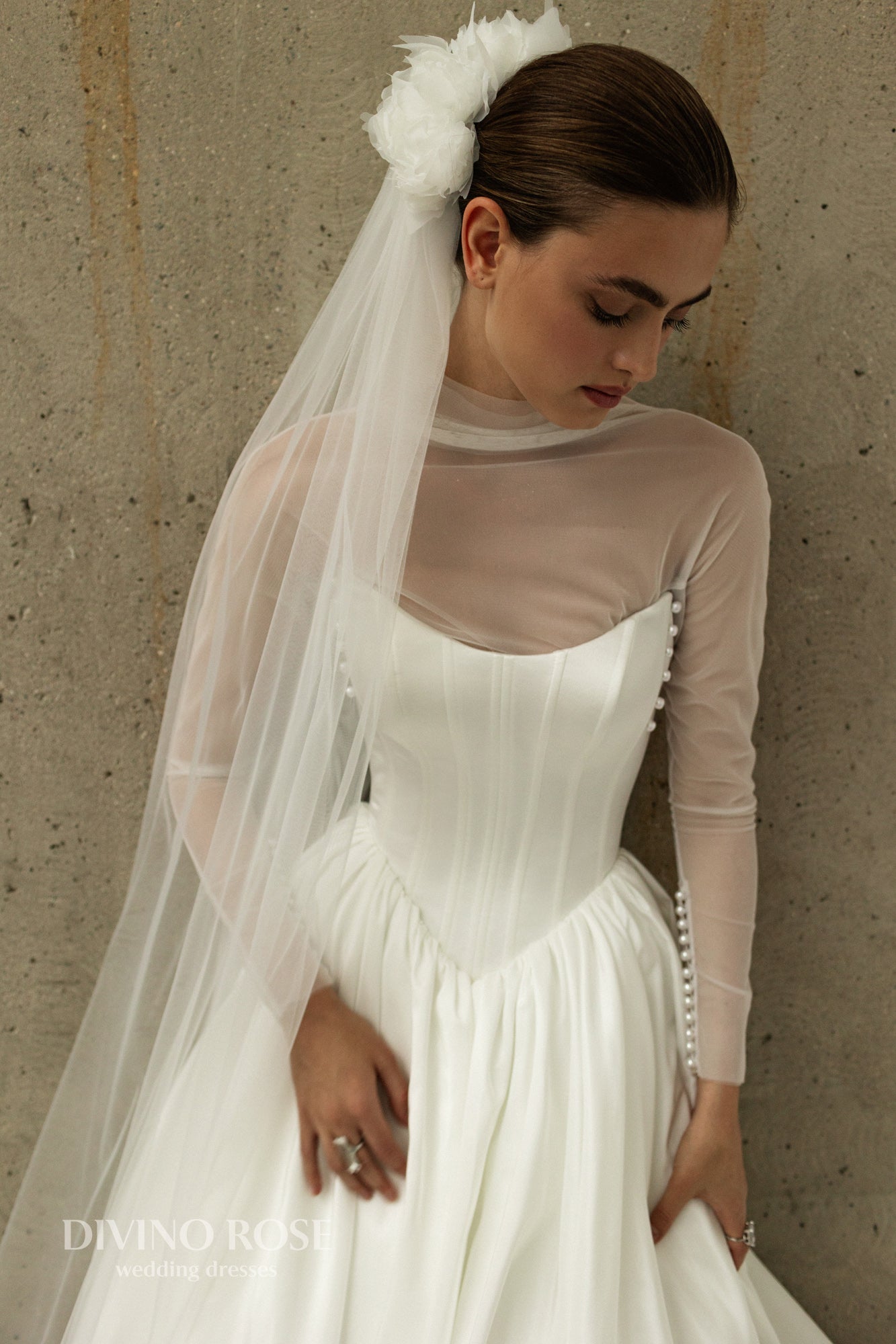 A-line Illusion long sleeve Mockneck Boat neckline Drop-down waist Lace-up corset Wedding dress