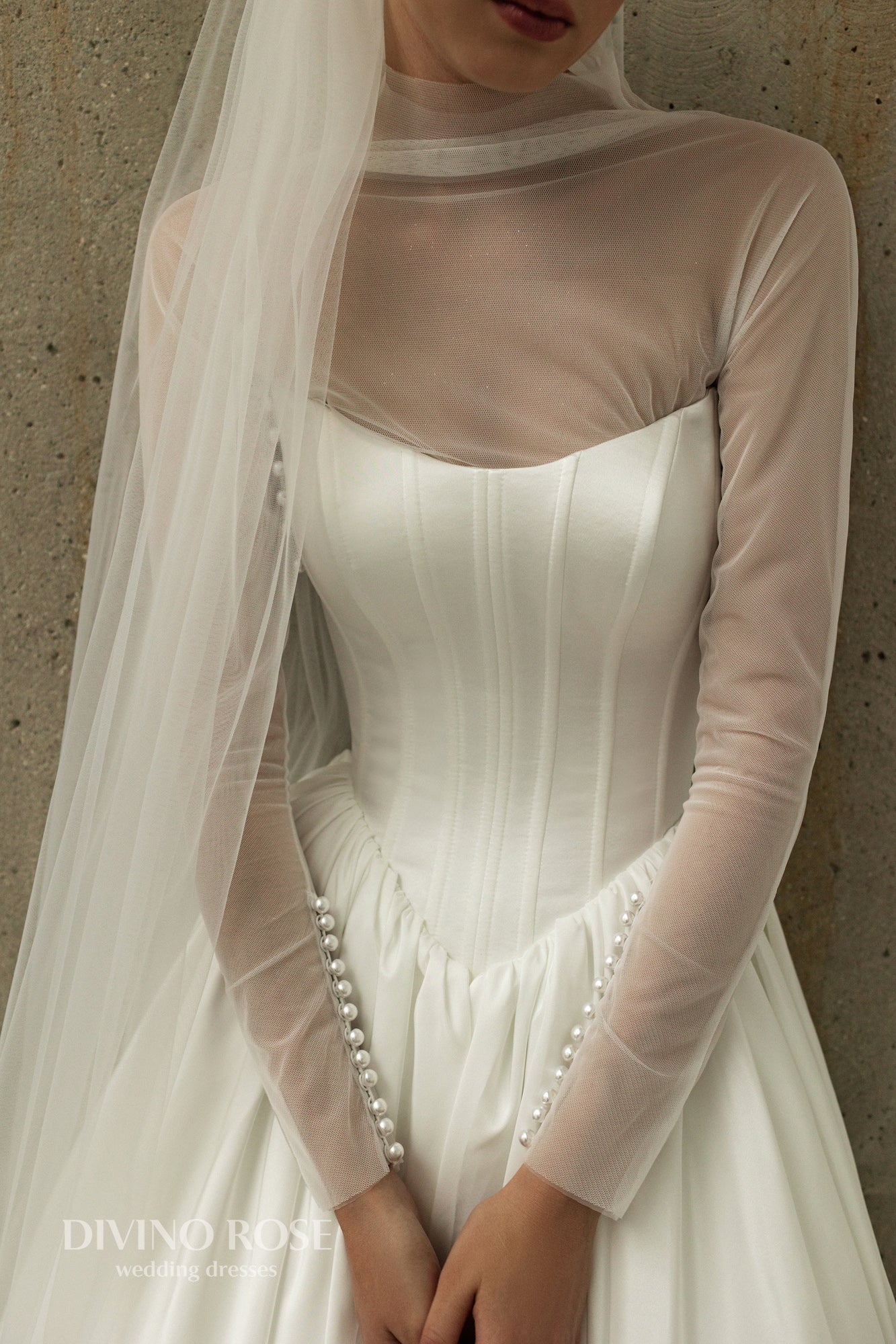 A-line Illusion long sleeve Mockneck Boat neckline Drop-down waist Lace-up corset Wedding dress