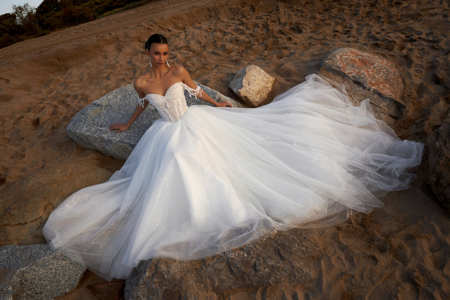 Sleeveless A-line wedding dress with pearl bodice, sweetheart neckline, glitter tulle skirt, off-the-shoulder pearl straps, and chapel train.