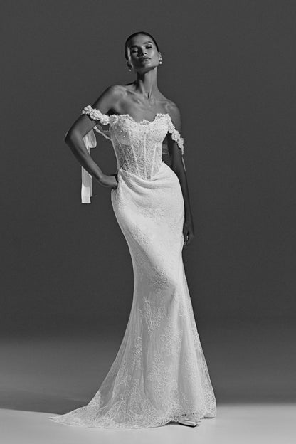Fitted lace wedding dress with off-shoulder corset – black and white full-length front view