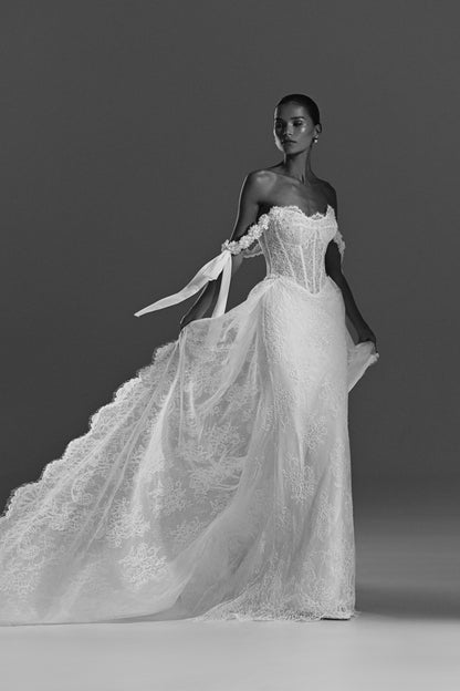 Lace wedding dress with detachable scalloped train – black and white full-length view