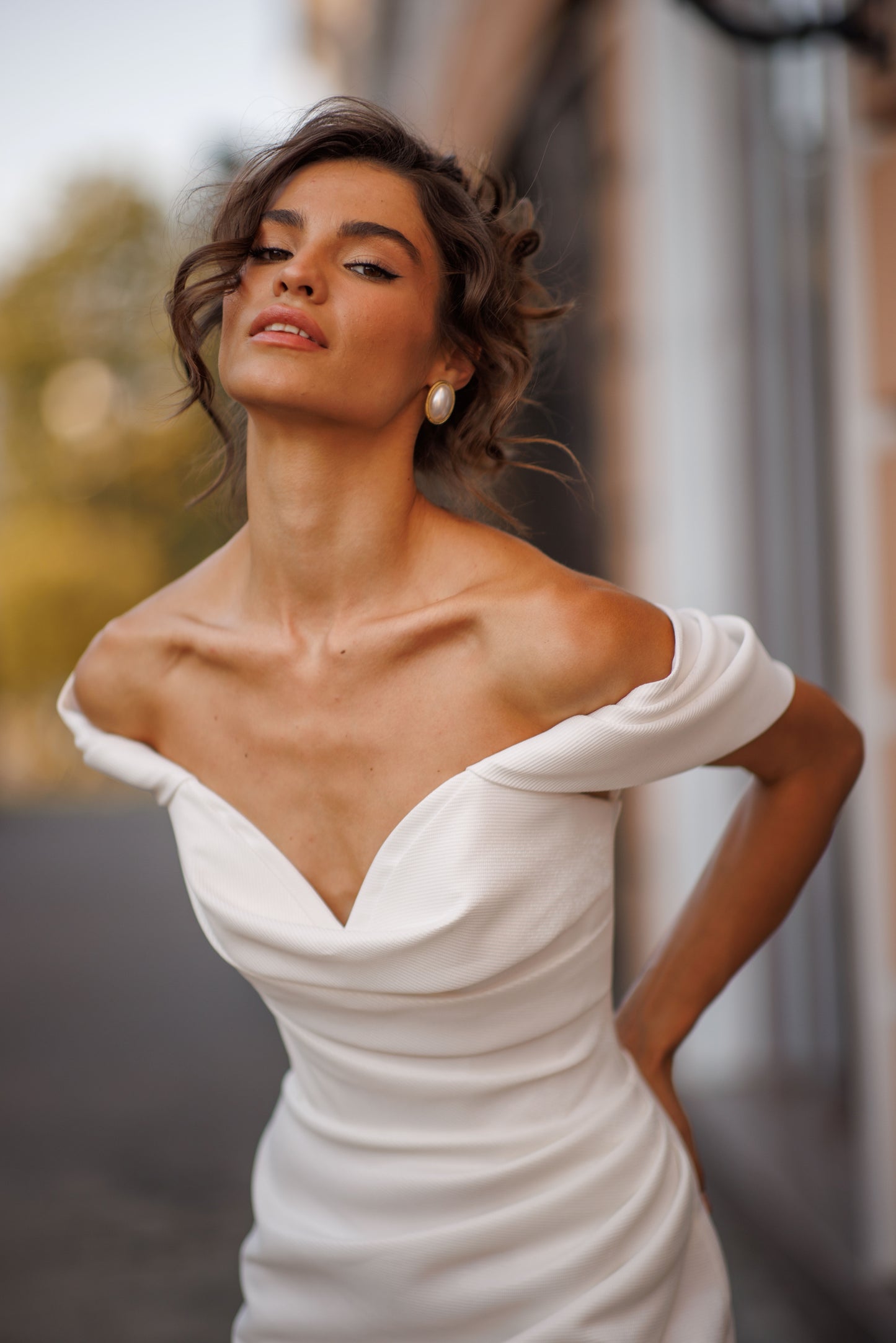 Classic Simple Minimalist A-line Off the shoulder draped wide straps V-neckline Draped bodice Open straight-cut back Lace-up closure Slit skirt Court train Mikado Wedding dress