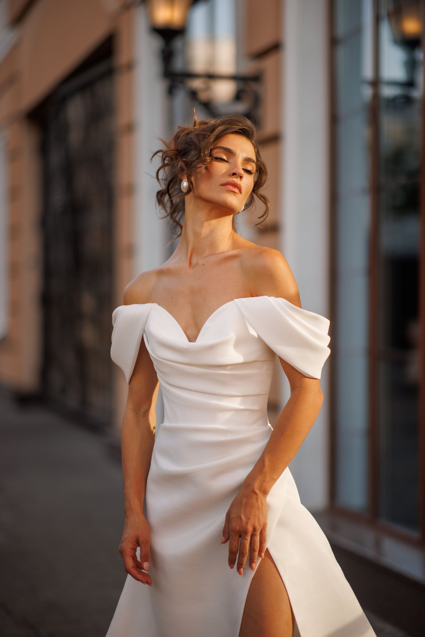 Classic Simple Minimalist A-line Off the shoulder draped wide straps V-neckline Draped bodice Open straight-cut back Lace-up closure Slit skirt Court train Mikado Wedding dress