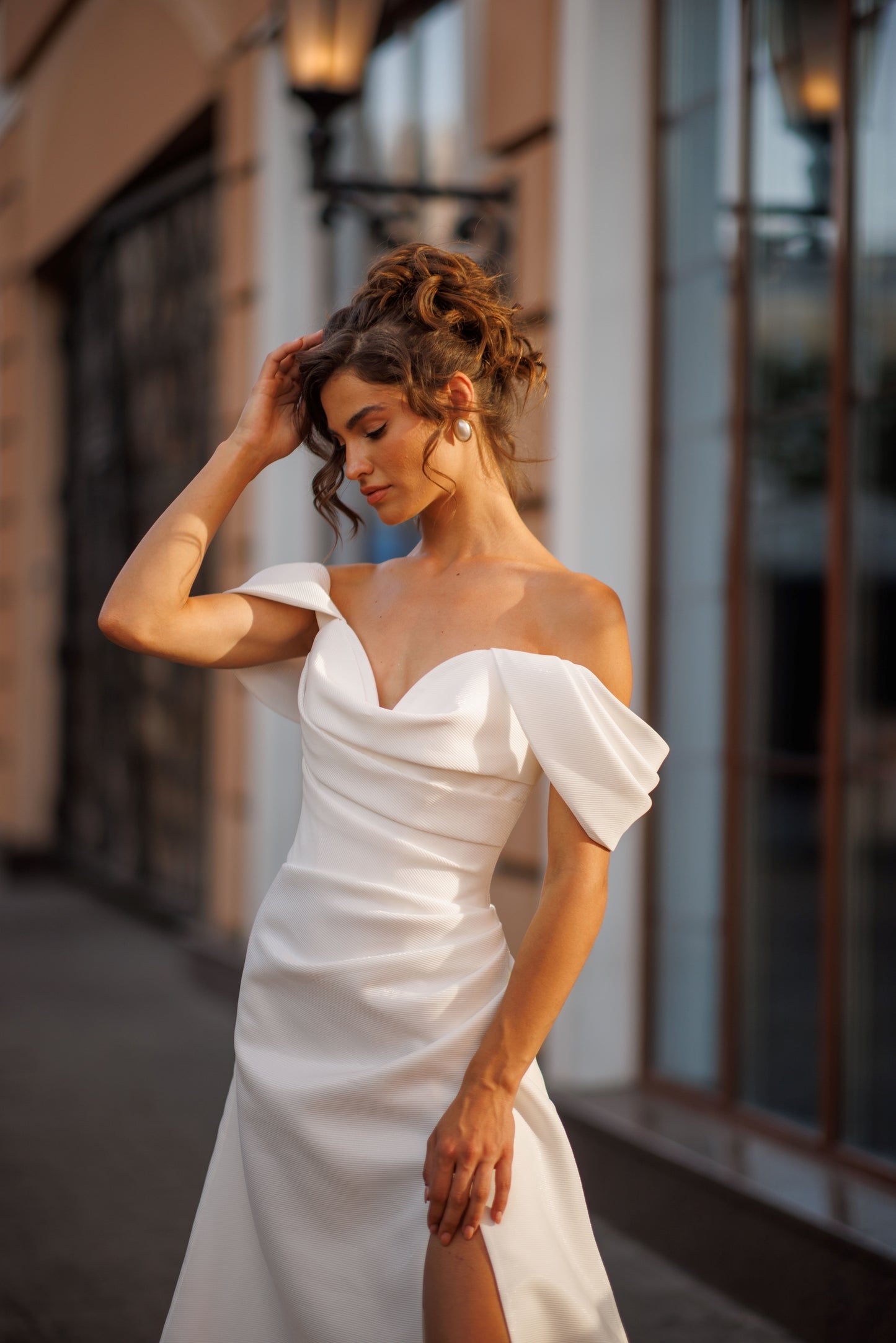 Classic Simple Minimalist A-line Off the shoulder draped wide straps V-neckline Draped bodice Open straight-cut back Lace-up closure Slit skirt Court train Mikado Wedding dress