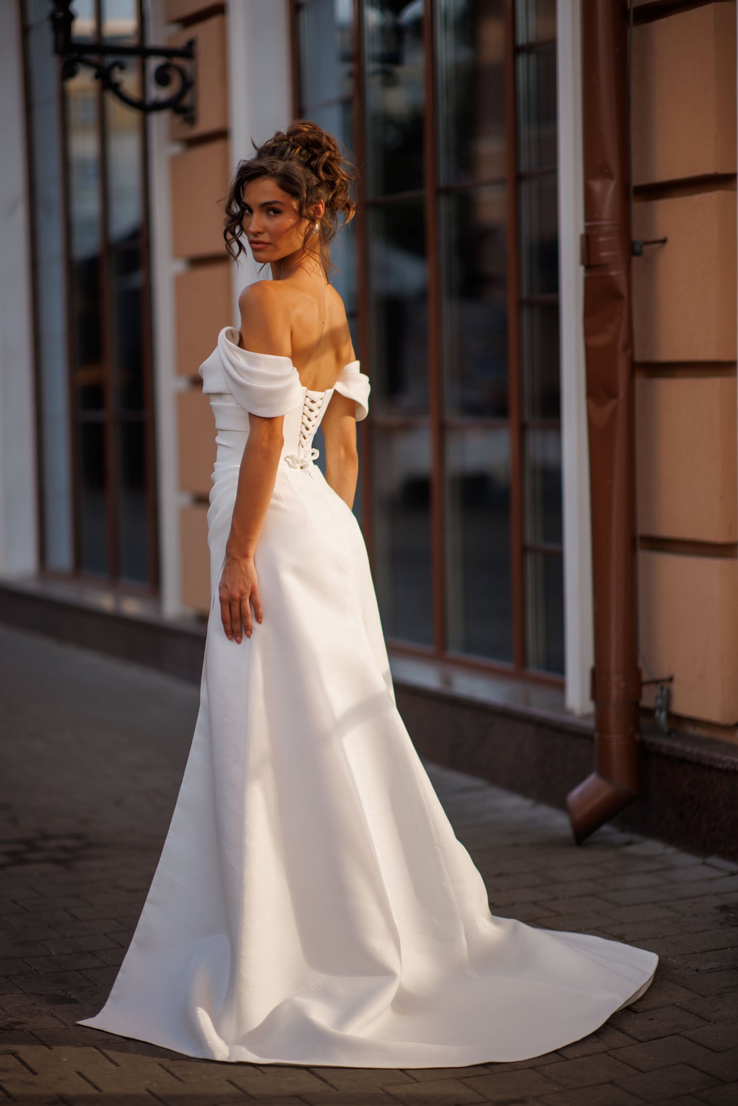 Classic Simple Minimalist A-line Off the shoulder draped wide straps V-neckline Draped bodice Open straight-cut back Lace-up closure Slit skirt Court train Mikado Wedding dress