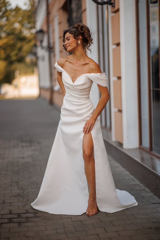 Classic Simple Minimalist A-line Off the shoulder draped wide straps V-neckline Draped bodice Open straight-cut back Lace-up closure Slit skirt Court train Mikado Wedding dress