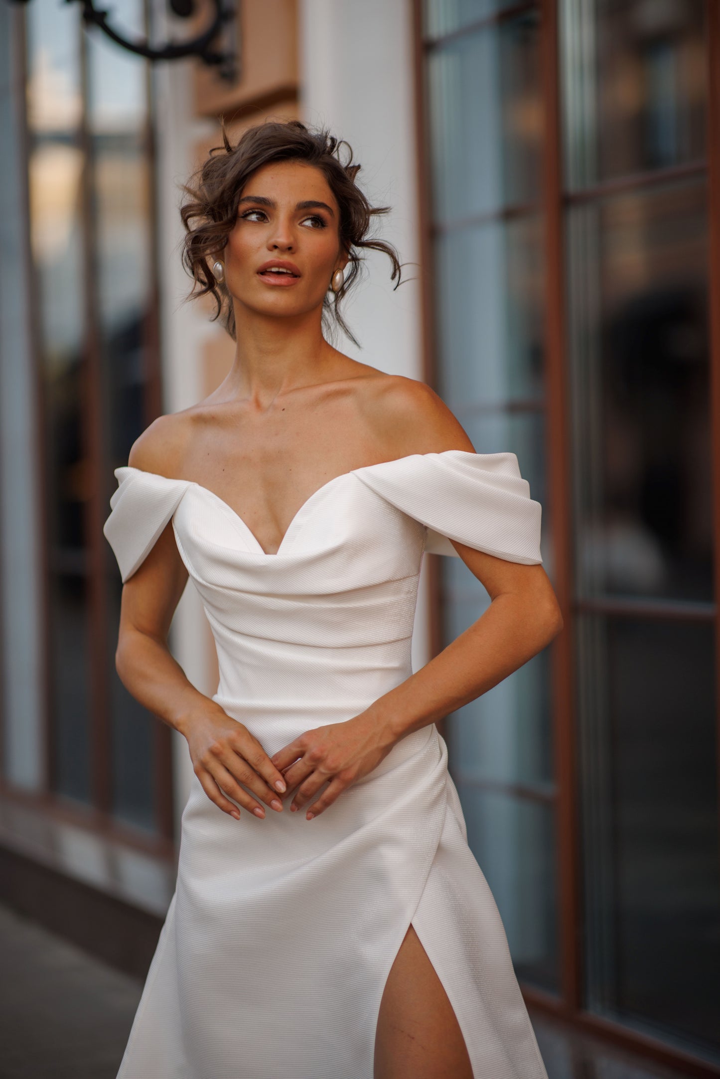 Classic Simple Minimalist A-line Off the shoulder draped wide straps V-neckline Draped bodice Open straight-cut back Lace-up closure Slit skirt Court train Mikado Wedding dress