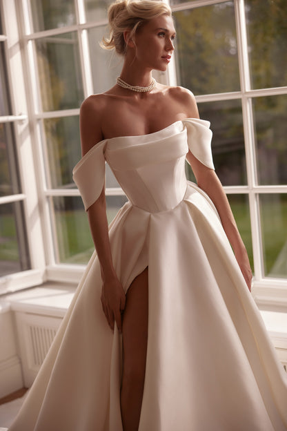 Mikado A-line wedding dress with pleated off-the-shoulder neckline and high slit - side view