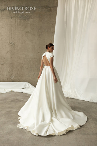 Mikado halter neckline wedding dress with chapel train