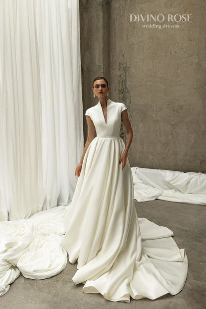 Mikado halter neckline wedding dress with chapel train