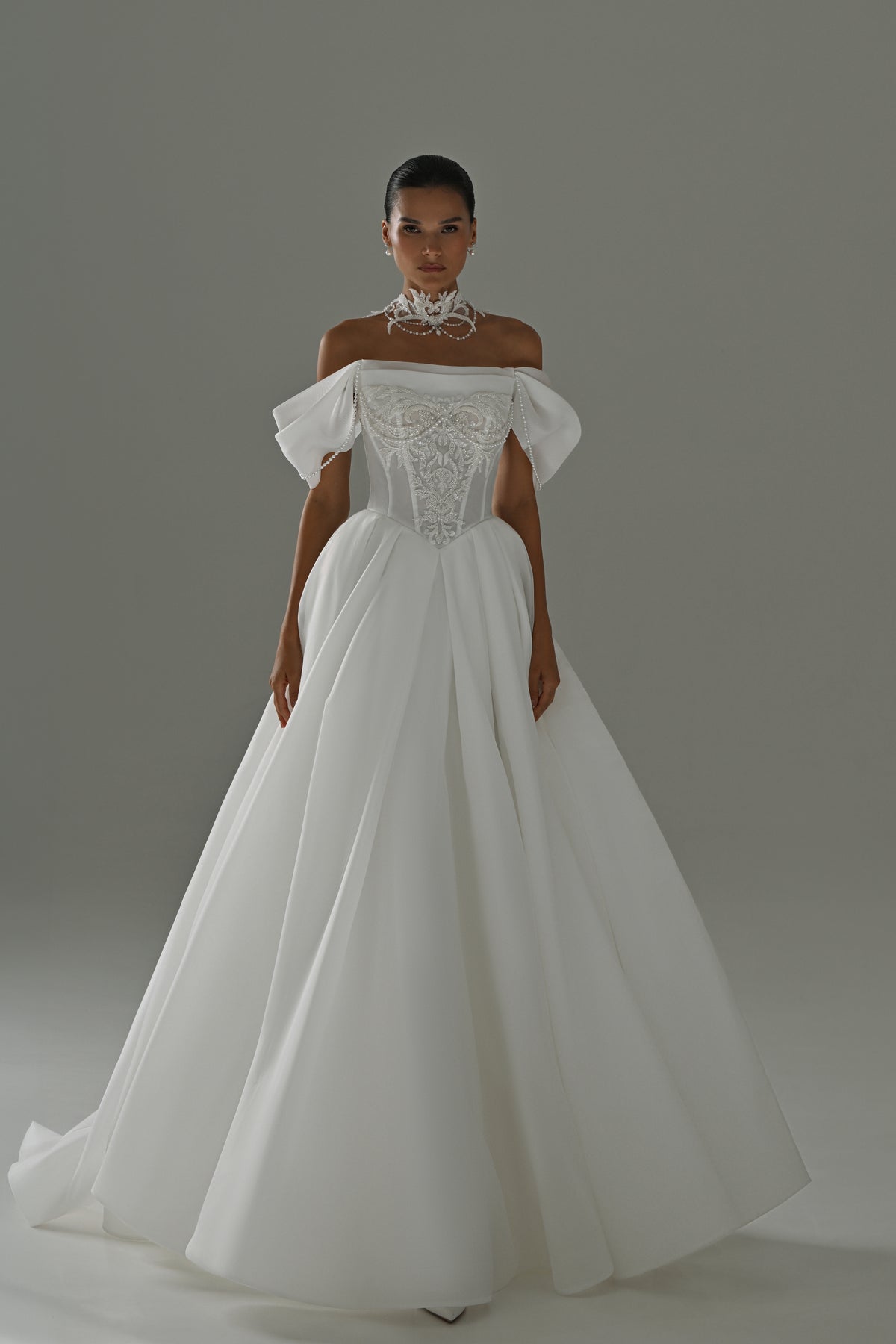 Off-shoulder organza A-line wedding dress with puff sleeves – full-length front view