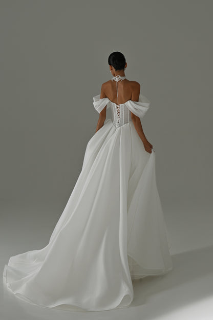 Off-shoulder organza A-line wedding dress – back view with the sweeping train