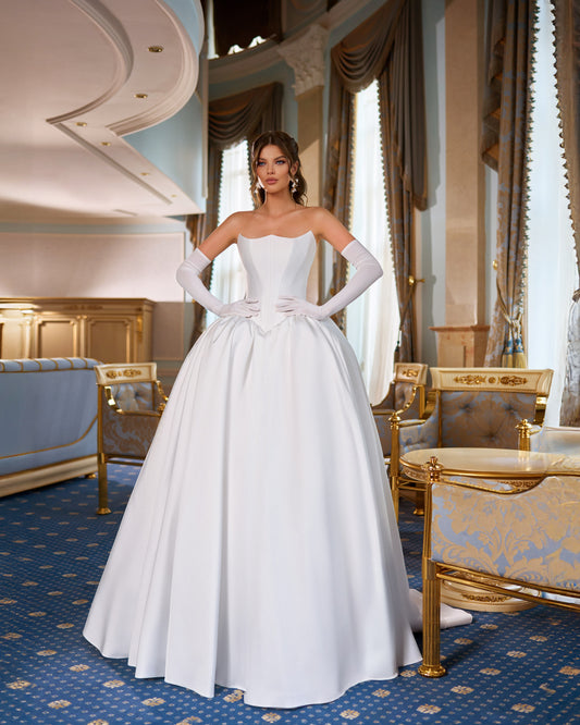 Mikado A-Line Wedding Dress with Reverse Sweetheart Neckline, Drop-down waist & Chapel Train