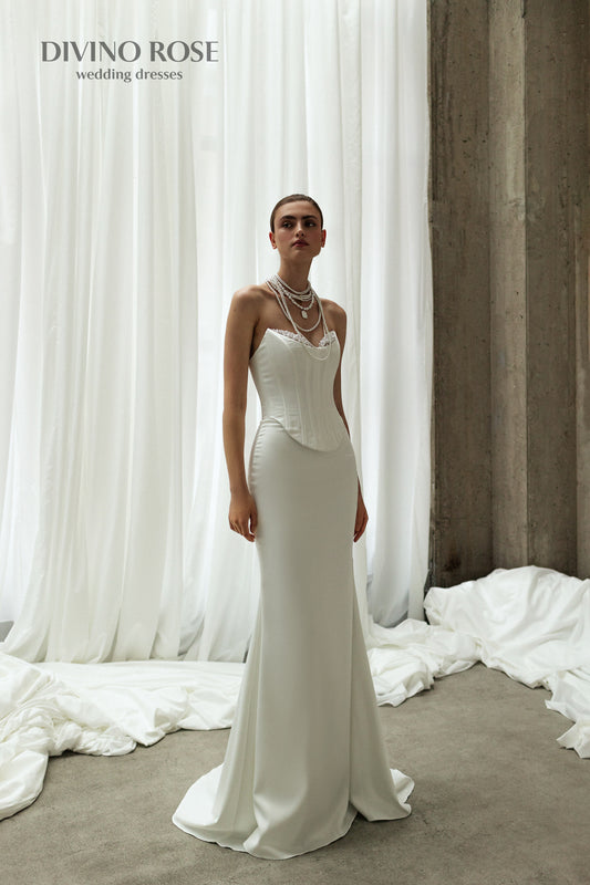 Minimalist Modern Sheath Mermaid Trumpet Sleeveless Drop-down waist lace-up corset Sweetheart neckline Sweep train Atlas Wedding dress