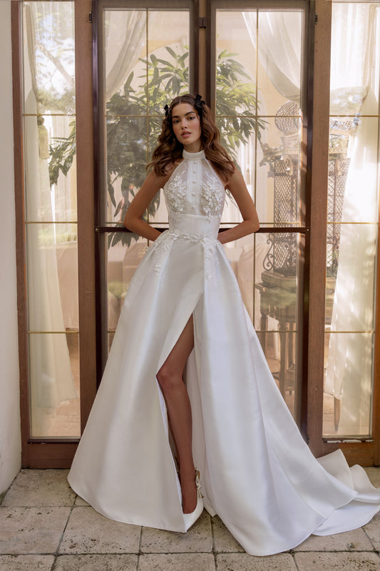 Sleeveless Halter Mock-neck Open back Ribbon A-line Slit skirt Court train Mikado Wedding dress