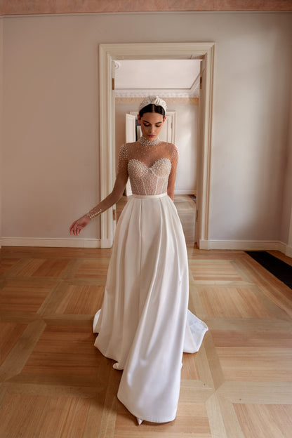 Wedding dress with pearls and long illusion sleeves