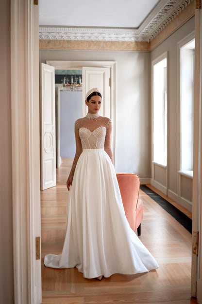 Wedding dress with pearls and long illusion sleeves