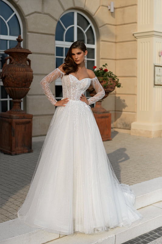 Classic Romantic A-line Off the shoulder long illusion sleeve Sweetheart neckline Open straight back Zip closure Sequin lace bodice Glittering tulle Chapel train Wedding dress