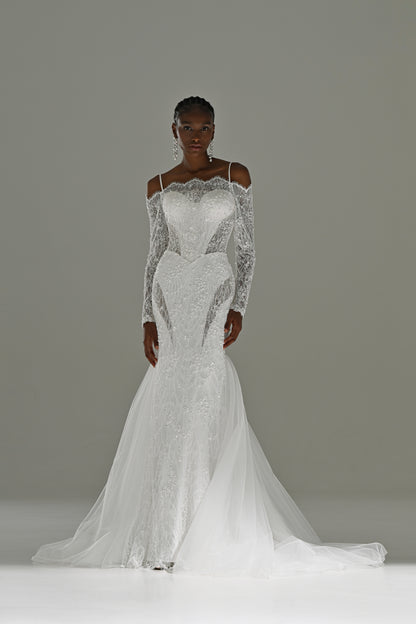 Off-shoulder lace mermaid wedding dress with long sleeves and tulle flare skirt – full-length front view