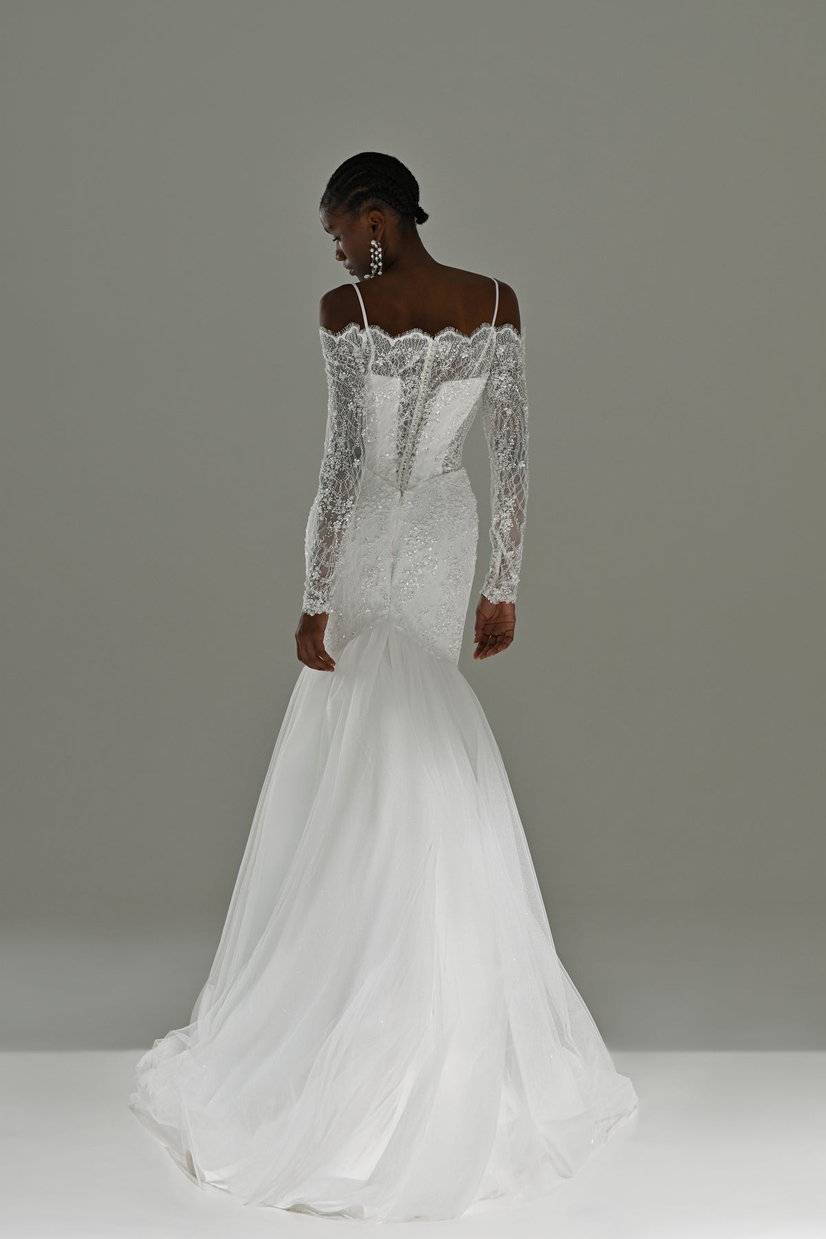 Off-shoulder lace mermaid wedding dress with tulle flare skirt – full-length front view
