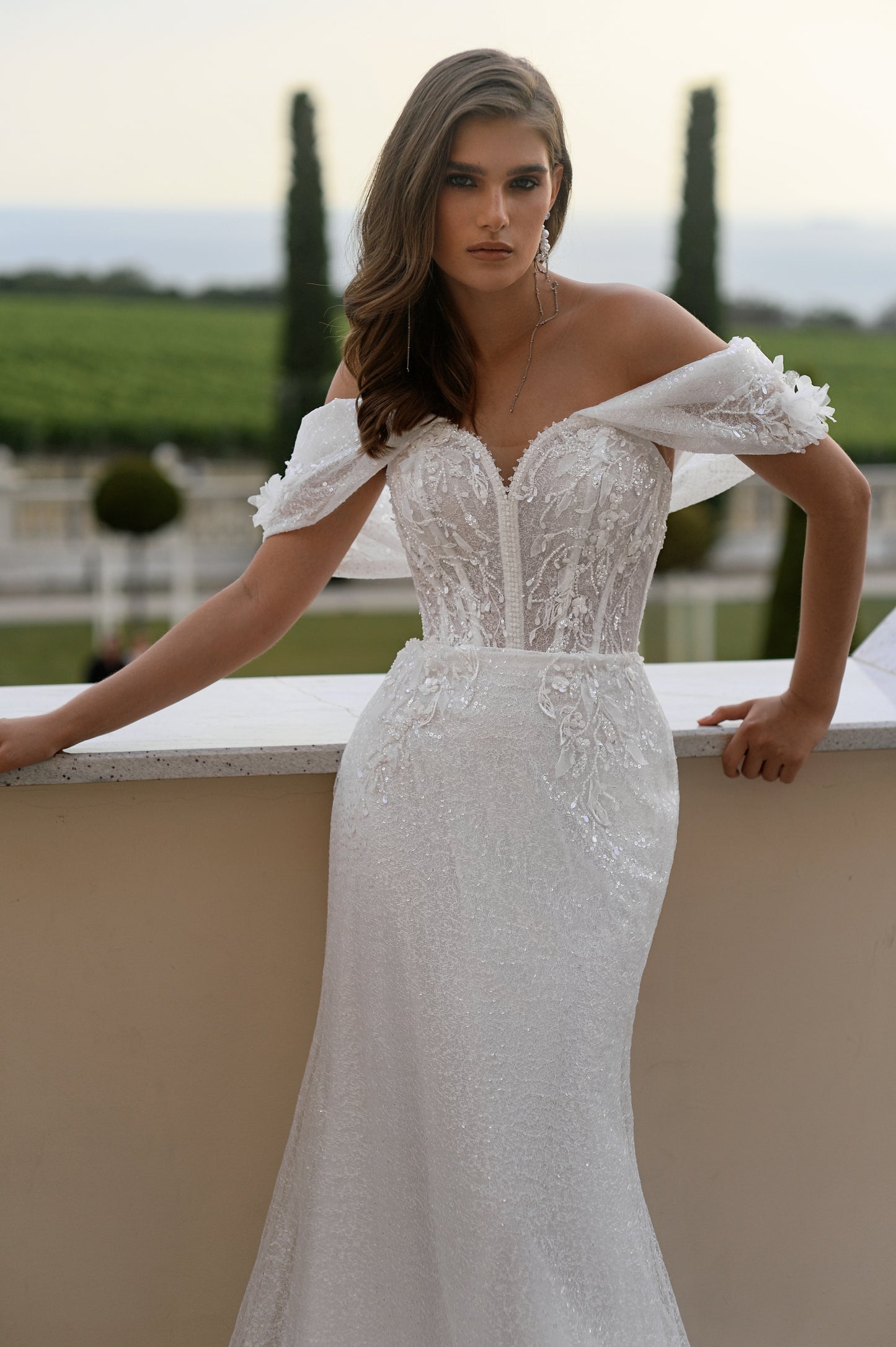 Mermaid Fitted Sheath Trumpet Off the shoulder short sleeve Sweetheart neckline Open back Lace-up closure Detachable tulle train Lace Sequin Wedding dress