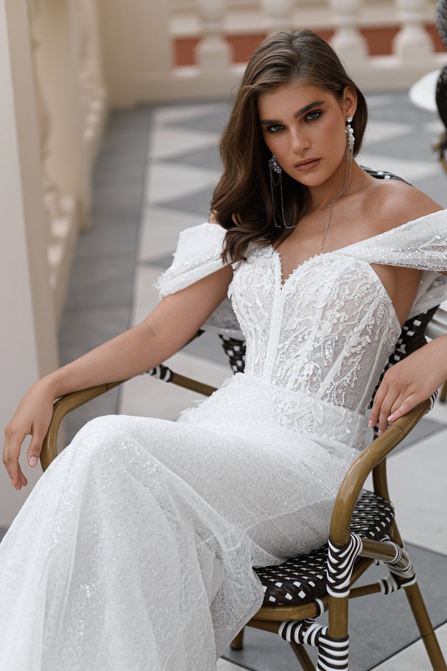 Mermaid Fitted Sheath Trumpet Off the shoulder short sleeve Sweetheart neckline Open back Lace-up closure Detachable tulle train Lace Sequin Wedding dress