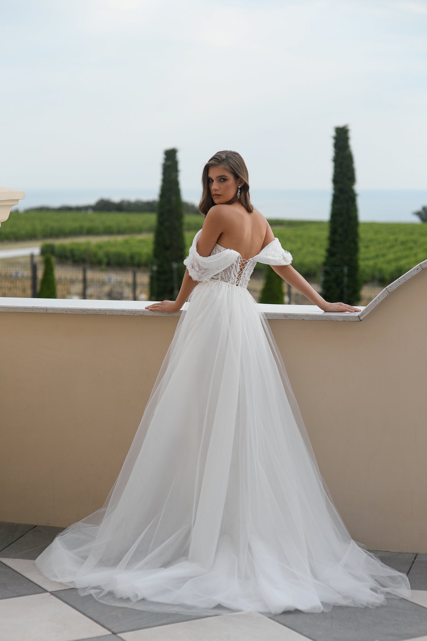 Mermaid Fitted Sheath Trumpet Off the shoulder short sleeve Sweetheart neckline Open back Lace-up closure Detachable tulle train Lace Sequin Wedding dress