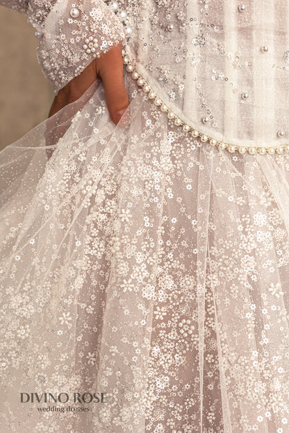 Princess A-line wedding dress with chapel train and removable sleeves